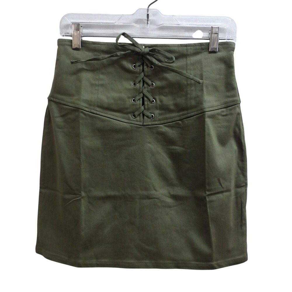 En Cream Olive Green Lace Up Corset High Waisted Mini Skirt Slim Fit S /#26447